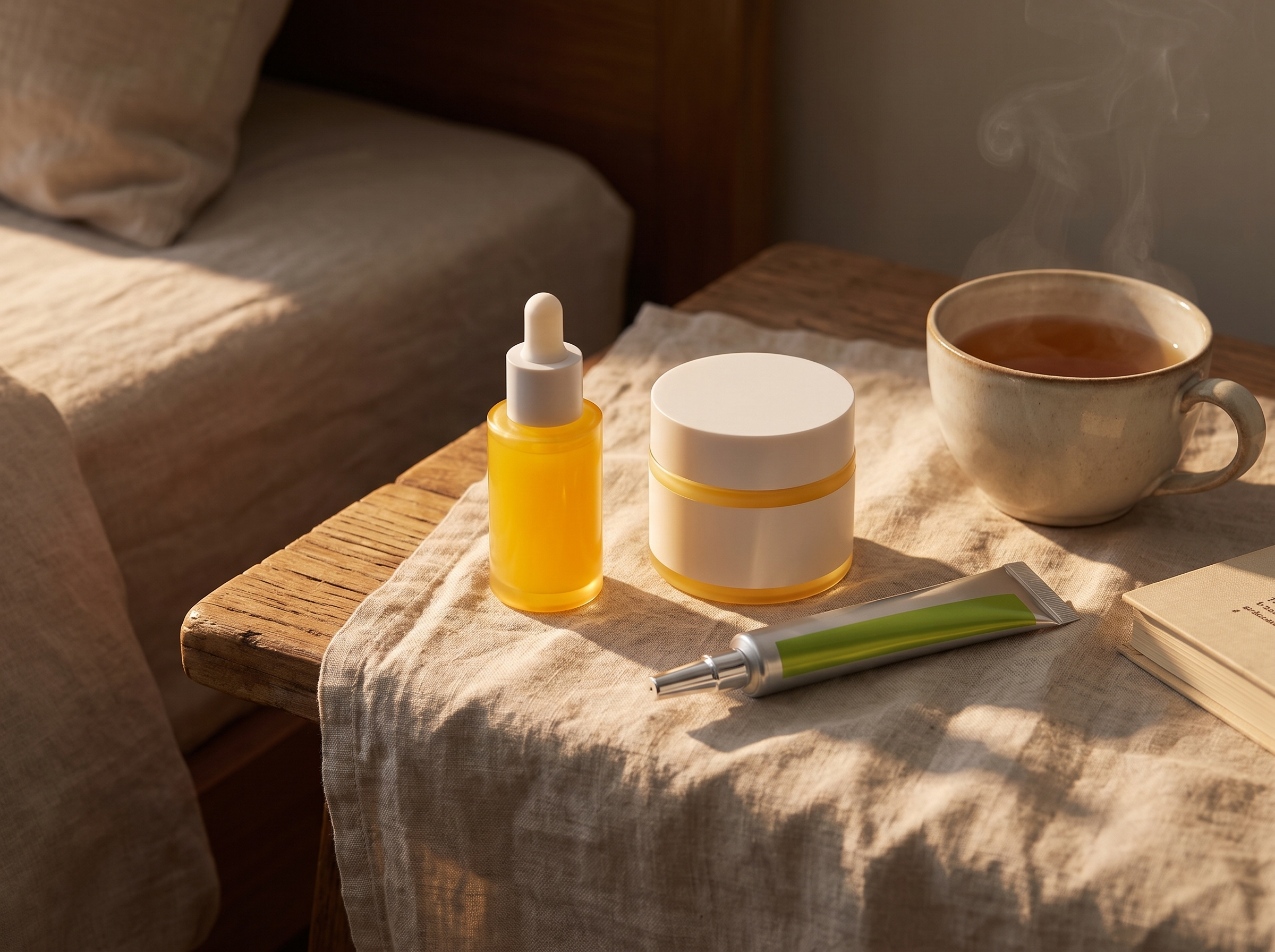 Skincare set on a bedside table